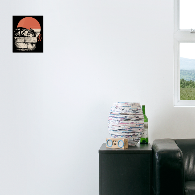 Sleepy Cat on Stone Wall Japanese Ukiyo-e Zen Minimalist Art by TuncGK